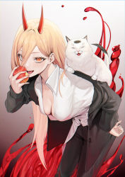 Rule 34 | 1girl, :d, bent over, black jacket, black pants, blonde hair, breasts, cat, chainsaw man, collared shirt, cross-shaped pupils, hair between eyes, hand on own hip, hemokinesis, highres, horns, jacket, long hair, looking at viewer, masuo, medium breasts, meowy (chainsaw man), open clothes, open jacket, open mouth, orange eyes, pants, power (chainsaw man), sharp teeth, shirt, smile, solo, standing, symbol-shaped pupils, teeth, white shirt, wing collar