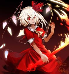 Rule 34 | 1girl, 2016, bad id, bad twitter id, blonde hair, crystal, dated, dress, fire, flandre scarlet, hair ribbon, houdukixx, koumajou densetsu, koumajou densetsu 2, laevatein, looking at viewer, one-hour drawing challenge, open mouth, red dress, red eyes, red ribbon, ribbon, short dress, signature, solo, touhou, wings
