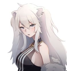 Rule 34 | 1girl, animal ears, bare shoulders, breasts, earrings, fang, fur trim, grey eyes, highres, hololive, jewelry, kasoku souchi, large breasts, lion ears, long hair, looking at viewer, medium breasts, necklace, off shoulder, open mouth, shishiro botan, shishiro botan (1st costume), sideboob, silver hair, simple background, solo, virtual youtuber, white background
