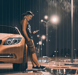 Rule 34 | 1boy, backwards hat, black footwear, black hat, black shirt, blonde hair, bmw, bmw m3, brown car, brown pants, car, cellphone, check vehicle, commentary, english commentary, from side, hat, highres, holding, holding phone, lamppost, male focus, marta danecka, motor vehicle, original, pants, phone, puddle, reflection, shirt, shoes, sleeveless, sleeveless shirt, smartphone, sneakers, solo, sports car