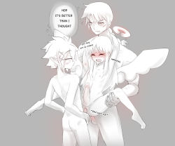 Rule 34 | 1girl, 2boys, absurdres, anal, angel, artist request, ass, blush, crimvael, double penetration, futa with male, futanari, halo, highres, ishuzoku reviewers, long hair, male penetrated, multiple boys, nipples, nude, penis, pointy ears, sex, short hair, stunk, testicles, vaginal, wings, zel (ishuzoku reviewers)