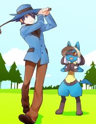 Rule 34 | 1boy, blue headwear, blue jacket, brown footwear, brown pants, closed mouth, cloud, commentary request, creatures (company), day, game freak, gen 4 pokemon, golf club, grass, hat, holding, holding golf club, jacket, kurochiroko, long sleeves, lucario, nintendo, outdoors, pants, pokemon, pokemon (creature), pokemon dppt, riley (pokemon), shoes, silhouette, sky, spiked hair, tree
