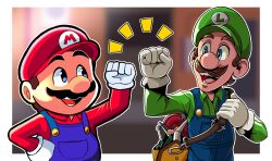 Rule 34 | 2boys, blue eyes, brothers, brown hair, facial hair, fisting, gloves, grin, hat, highres, luigi, mario, mario (series), multiple boys, mustache, nintendo, open mouth, overalls, plumber, plunger, siblings, smile, the super mario bros. movie, tools