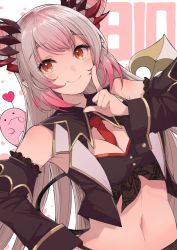 Rule 34 | 1girl, nanashi inc., armpits, bare shoulders, between breasts, black shirt, black vest, breasts, cleavage, commentary request, cone hair bun, crop top, detached sleeves, front-tie top, gold trim, goten (510gensoku), gradient hair, grey hair, hair bun, hair ornament, highres, honey strap, index finger raised, long hair, long sleeves, looking at viewer, medium breasts, midriff, multicolored hair, navel, necktie, pointy ears, red eyes, shirt, smile, solo, stomach, suou patra, upper body, vest, virtual youtuber