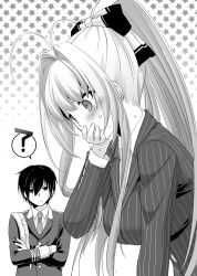 Rule 34 | 1boy, 1girl, ?, amagi brilliant park, antenna hair, blazer, blush, bow, breasts, closed mouth, collared shirt, covering own mouth, crossed arms, floating hair, frown, gradient background, greyscale, hair between eyes, hair bow, hair intakes, high ponytail, highres, jacket, kanie seiya, leaning forward, long hair, long sleeves, medium breasts, monochrome, nakajima yuka, necktie, novel illustration, official art, sento isuzu, shirt, sidelocks, speech bubble, striped, upper body, vertical stripes, very long hair, wing collar