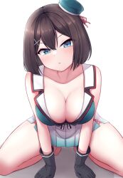 Rule 34 | 1girl, absurdres, aqua hat, barefoot, beret, black gloves, blue eyes, blush, breasts, brown hair, cleavage, collarbone, gloves, hair between eyes, hair ornament, hat, highres, kantai collection, large breasts, maya (kancolle), maya kai ni (kancolle), parted lips, pleated skirt, short hair, simple background, skirt, solo, tiemu (man190), uniform, white background, white skirt, x hair ornament