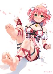 Rule 34 | 1girl, bare legs, bare shoulders, barefoot, bell, casino (casinoep), dress, feet, green eyes, hair bell, hair ornament, highres, hololive, looking at viewer, medium hair, one side up, paw print, paw print pattern, pink hair, presenting foot, red dress, sakura miko, soles, swimsuit, toes, twintails, virtual youtuber, x hair ornament