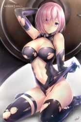 Rule 34 | 1girl, arm up, armpits, bare shoulders, blush, breasts, center opening, cleavage, cleavage cutout, clothing cutout, collar, elbow gloves, covered erect nipples, fate/grand order, fate (series), frontal wedgie, gloves, hair over one eye, highleg, highleg leotard, large breasts, leotard, leotard pull, light purple hair, looking at viewer, mash kyrielight, metal collar, navel, patreon username, purple eyes, rei kun, shield, short hair, sitting, solo, stomach, thigh strap, thighhighs, thighs, torn clothes, wariza, wedgie