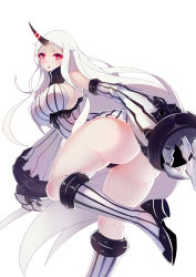 Rule 34 | 10s, 1girl, abyssal ship, ass, bare shoulders, boots, breasts, claws, covered erect nipples, detached sleeves, dress, glowing, highres, horns, kantai collection, knee boots, large breasts, long hair, looking at viewer, mahou kyuuri, md5 mismatch, open mouth, personification, red eyes, ribbed dress, seaport princess, short dress, simple background, single horn, solo, thighs, very long hair, white background, white hair