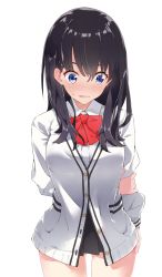 Rule 34 | 1girl, black hair, black skirt, blue eyes, blush, bow, bowtie, breasts, cardigan, embarrassed, gluteal fold, gridman universe, hand on own arm, hand on own ass, hand on own hip, highres, image sample, long hair, medium breasts, microskirt, open mouth, pixiv sample, pleated skirt, red bow, red bowtie, school uniform, scrunchie, shy, skirt, solo, ssss.gridman, takarada rikka, thighs, third-party edit, third-party source, transparent background, upper body, white cardigan, wrist scrunchie, yushe quetzalli
