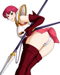 Rule 34 | 1girl, armor, ass, bare shoulders, blush, boots, breastplate, breasts, cameltoe, clothes lift, dress, est (fire emblem), fire emblem, from behind, from below, gloves, headband, highres, large breasts, leaning, leaning forward, looking at viewer, nintendo, panties, pink hair, polearm, purple eyes, rakusai (saisai garou), rakutoki, sheath, sheathed, short dress, short hair, sideboob, skirt, skirt lift, smile, solo, spear, sword, thigh boots, thighhighs, underwear, upskirt, weapon