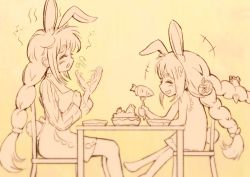 Rule 34 | 2girls, animal ear fluff, animal ears, apron, braid, breasts, carrot, carrot hair ornament, commentary request, dinner, food-themed hair ornament, hair ornament, hololive, long hair, mature female, monochrome, mother and daughter, multiple girls, pekomama, rabbit ears, rabbit girl, renkoma, smile, sweater, table, thick eyebrows, twin braids, usada pekora, virtual youtuber