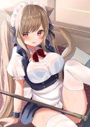 Rule 34 | 1girl, absurdres, animal ears, apron, black skirt, broom, brown hair, bucket, cat ears, cat tail, commentary request, fallen down, hamico, highres, looking at viewer, maid, maid headdress, moe2022, on floor, open mouth, original, red eyes, see-through, shirt, skirt, solo, tail, tearing up, thighhighs, twintails, wavy mouth, wet, wet clothes, white shirt, white thighhighs
