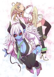 Rule 34 | 2girls, ahoge, alternate costume, angel, angel wings, aohada bocchi, black footwear, black horns, black sclera, black shirt, black tail, blazer, blonde hair, blue skin, breasts, buttoned cuffs, buttons, cleavage, coat, colored sclera, colored skin, commentary request, curvy, demon girl, demon horns, demon tail, expressionless, feathered wings, flat chest, floor, formal, green eyes, green necktie, hair ornament, halo, head wings, high heels, highres, horns, huge breasts, jacket, lian (aohada bocchi), long hair, long sleeves, multiple girls, necktie, pointy ears, red eyes, ruri (aohada bocchi), school uniform, shirt, skirt, smile, squatting, tail, teeth, thighhighs, thighs, white background, white coat, white hair, white jacket, white skirt, wings, zyugoya