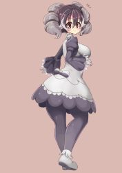 Rule 34 | 1girl, absurdres, black eyes, black hair, black pantyhose, borokuro, bow, breasts, creatures (company), dress bow, drill hair, full body, game freak, gen 8 pokemon, gloves, grey hair, hair between eyes, highres, indeedee, indeedee (female), long sleeves, looking at viewer, nintendo, pantyhose, personification, pokemon, puffy long sleeves, puffy sleeves, simple background, smile, solo, standing, two-tone bow, white footwear, white gloves, white hair