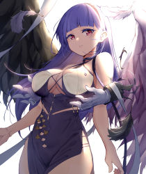 Rule 34 | 1girl, absurdres, artist request, azur lane, black wings, breasts, cleavage cutout, clothing cutout, criss-cross halter, dido (anxious bisque doll) (azur lane), dido (azur lane), disembodied limb, dress, feathered wings, feathers, hairband, halter dress, halterneck, highres, large breasts, large wings, long dress, long hair, multiple wings, purple dress, purple hair, purple hairband, red eyes, sleeve cuffs, sleeveless, sleeveless dress, solo, thick thighs, thighs, wings