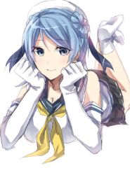 Rule 34 | 10s, bad id, bad twitter id, betti (maron), blue eyes, blue hair, breasts, double bun, elbow gloves, gloves, hair bun, hat, kantai collection, large breasts, looking at viewer, lying, neckerchief, on stomach, pleated skirt, sailor hat, school uniform, serafuku, skirt, sleeves rolled up, solo, urakaze (kancolle), white hat, white legwear, yellow neckerchief