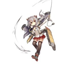 Rule 34 | &gt;:|, 1girl, :|, aiguillette, arm up, black thighhighs, buttons, cannon, closed mouth, double-breasted, epaulettes, female focus, flight deck, full body, grey hair, grey shirt, hair ornament, holding, jacket, jacket on shoulders, lino-lin, looking at viewer, low ponytail, machinery, military, military uniform, necktie, official art, pleated skirt, pointer, ponytail, red eyes, red skirt, rudder footwear, ryuujou (warship girls r), shirt, skirt, solo, thighhighs, transparent background, uniform, v-shaped eyebrows, warship girls r, white jacket, zettai ryouiki