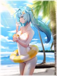 Rule 34 | 1girl, absurdres, bare arms, bare legs, beach, blue hair, blurry, blurry background, border, breast press, breasts, casual one-piece swimsuit, cleavage, cloud, collarbone, covered navel, cowboy shot, day, faruzan (genshin impact), floating hair, genshin impact, hair ornament, highres, holding, innertube, lens flare, licking, licking hand, long hair, medium breasts, moonwhite, ocean, one-piece swimsuit, outdoors, palm tree, profile, solo, standing, summer, sunlight, swim ring, swimsuit, tree, white border, white one-piece swimsuit, x hair ornament, yellow eyes