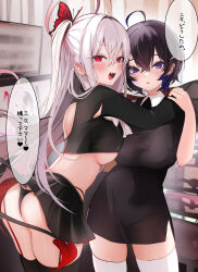 Rule 34 | 2girls, :d, absurdres, ahoge, ass, asymmetrical docking, back cutout, black dress, black hair, black panties, black skirt, black thighhighs, blue eyes, blue hair, blush, breast press, breasts, butterfly hair ornament, clothing cutout, collared shirt, colored inner hair, cowboy shot, crop top, cropped shirt, curtains, demon girl, demon tail, dress, ear piercing, earrings, from behind, hair between eyes, hair ornament, hand on another&#039;s shoulder, highleg, highleg panties, highres, holding another&#039;s wrist, indoors, jewelry, layered clothes, legs apart, long hair, long sleeves, looking at viewer, looking back, medium breasts, miniskirt, mole, mole under eye, monitor, multicolored hair, multiple girls, niku (hamuchang), one side up, open mouth, original, panties, parted lips, piercing, pleated skirt, raised eyebrows, red eyes, red skirt, shirt, short hair, side slit, sidelocks, skirt, sleeveless, sleeveless dress, smile, stud earrings, tail, teeth, thighhighs, thong, torn clothes, torn shirt, translation request, two-sided fabric, two-sided skirt, underboob, underwear, upper teeth only, white hair, white thighhighs, zettai ryouiki