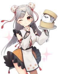 Rule 34 | 1girl, blush, bun cover, chinese clothes, cleavage cutout, closed mouth, clothing cutout, cowboy shot, double bun, grey hair, hair bun, hair ornament, hairclip, hand up, holding, holding tray, jewelry, konogi nogi, long hair, long sleeves, looking at viewer, one eye closed, original, red eyes, ring, seal (animal), smile, solo, sparkle, tray, x hair ornament
