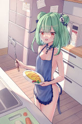 Rule 34 | 1girl, absurdres, apron, blue apron, blue collar, blue ribbon, breasts, carrot, collar, cooking, cutting board, detached collar, double bun, earrings, fang, food, green eyes, green hair, hair bun, hair ornament, hair ribbon, highres, holding, holding ladle, holding plate, hololive, jewelry, kitchen, ladle, looking at viewer, microwave, naked apron, omelet, omurice, onion, plate, ray peng, red eyes, refrigerator, ribbon, short hair, sidelocks, sink, skull earrings, skull hair ornament, small breasts, solo, uruha rushia, vegetable, virtual youtuber