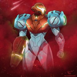 Rule 34 | 1girl, absurdres, arm cannon, armor, clenched hand, cowboy shot, facing viewer, glowing, helmet, highres, kluverdesigns, looking to the side, metroid, metroid dread, nintendo, power armor, red background, samus aran, smoke, solo, visor, weapon