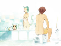 Rule 34 | 10s, 1boy, 2013, 2girls, animal ears, artist name, bath stool, bathing, bathroom, bathtub, blush, breasts, brown hair, cat ears, cat tail, covering privates, dated, faustsketcher, forehead, green eyes, green hair, groin, hairband, indoors, looking at another, mixed-sex bathing, multiple girls, nipples, nude, open mouth, original, petite, ponytail, pussy, same-sex bathing, shared bathing, short hair, shower head, siblings, signature, sisters, sitting, small breasts, smile, standing, steam, stool, tail, tiles, towel, towel on head, uncensored, wet