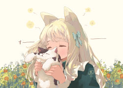 Rule 34 | 1girl, animal, animal ears, apron, aqua ribbon, black cat, blonde hair, cat, cat ears, commentary request, covered mouth, dress, closed eyes, flower, frilled apron, frills, green dress, hair ribbon, hands up, highres, holding, holding animal, holding cat, long hair, long sleeves, oimo imoo, original, plant, ribbon, simple background, smelling, solo, upper body, white apron, white background, white cat