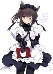 Rule 34 | 1girl, alternate costume, apron, black dress, black gloves, black headwear, black pantyhose, book, brown hair, commentary request, cowboy shot, dated, dress, enmaided, frilled apron, frills, gloves, hair flaps, hatsuzuki (kancolle), kantai collection, looking at viewer, maid, maid headdress, odawara hakone, one-hour drawing challenge, pantyhose, short hair, simple background, solo, twitter username, white apron, white background, wrist cuffs, yellow eyes