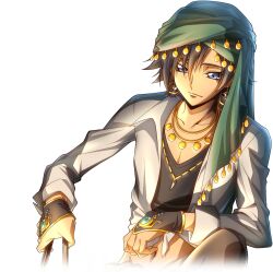 Rule 34 | 1boy, artist request, black hair, black shirt, blue eyes, blue gemstone, closed mouth, code geass, code geass: boukoku no akito, code geass: lost stories, collarbone, collared shirt, crop top, earrings, game cg, gem, green gemstone, green scarf, gypsy, hair between eyes, half-closed eyes, head scarf, holding, hyuuga akito, jewelry, long sleeves, looking down, male focus, navel, necklace, non-web source, official art, on one knee, pectoral cleavage, pectorals, scarf, shirt, short hair, sidelocks, solo, stomach, tied shirt, tooth necklace, underlighting, undershirt, white shirt