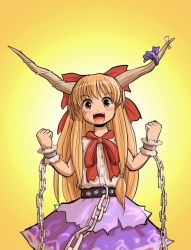 Rule 34 | 1girl, arms up, belt, bow, brown eyes, chain, clenched hand, clenched hands, cuffs, fangs, female focus, hair bow, hair ribbon, horn ornament, horn ribbon, horns, ibuki suika, jiaa (pochidogrush), long hair, looking at viewer, orange hair, ribbon, shackles, shirt, simple background, skirt, sleeveless, sleeveless shirt, smile, solo, teeth, touhou, wrist cuffs, yellow background