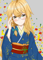Rule 34 | 1girl, absurdres, adjusting eyewear, artist request, bad anatomy, bespectacled, blonde hair, blue bow, blue kimono, blush, bow, braid, closed mouth, commentary request, floral print, glasses, grey background, hair between eyes, hair bow, hair over shoulder, hand on eyewear, head tilt, highres, japanese clothes, kimono, kirisame marisa, light blush, long hair, long sleeves, looking at viewer, red sash, rimless eyewear, sash, smile, solo, touhou, upper body, very long hair, yellow eyes