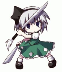 Rule 34 | 1girl, black footwear, black hairband, blue eyes, chibi, closed mouth, commentary request, dorua (dollar), green skirt, green vest, hairband, holding, holding sword, holding weapon, konpaku youmu, lowres, mary janes, no nose, puffy short sleeves, puffy sleeves, shirt, shoes, short hair, short sleeves, simple background, skirt, socks, solo, sword, touhou, vest, weapon, white background, white hair, white shirt, white socks