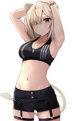 Rule 34 | 1girl, animal ears, armpits, arms up, black nails, black shorts, black sports bra, breasts, cleavage, collarbone, dog tags, eyes visible through hair, grey eyes, hair over one eye, highres, hololive, large breasts, lion ears, lion girl, lion tail, looking at viewer, nail polish, navel, shishiro botan, shishiro botan (button-down), short hair, short shorts, shorts, shuuzo3, silver hair, simple background, solo, sports bra, tail, virtual youtuber, white background