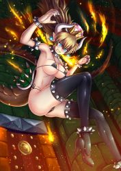 Rule 34 | 1girl, adsouto, bare shoulders, bikini, black footwear, blonde hair, blue eyes, blush, bowsette, bracelet, breasts, cleavage, collar, crown, earrings, fire, high heels, highres, horns, jewelry, large breasts, mario (series), nail polish, new super mario bros. u deluxe, nintendo, open mouth, pointy ears, solo, spiked bracelet, spiked collar, spikes, super crown, swimsuit, thighhighs
