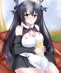 Rule 34 | bare shoulders, black hair, breasts, cleavage, collar, couch, dress, drink, glass, highres, hostess, long hair, matrixjudge, medium breasts, neptune (series), noire (neptunia), open mouth, red eyes, ribbon, surprised, thighs, tsundere, twintails, very long hair, wall