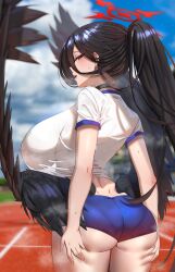 Rule 34 | 1girl, anima (togashi), ass, ass grab, backboob, black hair, black wings, blue archive, blurry, blush, breasts, buruma, choker, from behind, gym uniform, hair between eyes, halo, hasumi (blue archive), hasumi (track) (blue archive), highres, huge breasts, long hair, looking back, official alternate costume, ponytail, red eyes, shirt, short sleeves, sideboob, sky, solo, sweat, thighs, white shirt, wings