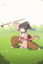 Rule 34 | 1girl, absurdres, barefoot, black hair, bow, chinese commentary, closed mouth, commentary request, full body, hair bow, highres, holding, holding stick, jianxia qingyuan (series), jianxia qingyuan online 3, kuma-bound, medium hair, on grass, outdoors, ponytail, smile, solo, stick, toes, white bow, yellow eyes