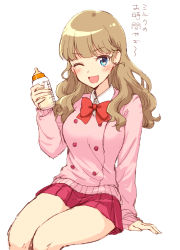 Rule 34 | 1girl, ;d, arm support, bare legs, blue eyes, blunt bangs, blush, bottle, bow, bowtie, breasts, buttons, collared shirt, cowboy shot, double-breasted, earrings, hair over shoulder, hand up, holding, holding bottle, ichigo junior high uniform, jewelry, large breasts, light brown hair, long sleeves, looking at viewer, mewkledreamy, milk bottle, one eye closed, open mouth, pacifier, pink sweater, red bow, red neckwear, sbs, school uniform, shirt, simple background, sitting, sketch, sleeves past wrists, smile, star (symbol), star in eye, sweater, symbol in eye, thighs, tsukishima maira, wavy hair, white background, white shirt