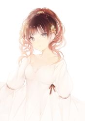 Rule 34 | 1girl, :o, breasts, brown hair, cleavage, collarbone, curly hair, dress, grey eyes, long hair, looking at viewer, lpip, md5 mismatch, original, ponytail, solo, white background