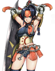 Rule 34 | 1girl, aqua eyes, armband, armor, armpits, arms behind head, arms up, asymmetrical clothes, bare shoulders, belt, black hair, braid, breasts, capcom, chain, crop top, elbow gloves, forehead protector, gauntlets, gloves, green eyes, headband, holding, huge weapon, kiricha, kuroobi, kuroobi (armor), large breasts, long hair, looking at viewer, micro shorts, midriff, monster hunter (series), navel, no bra, panties, parted bangs, ponytail, shirt, shorts, sideboob, single braid, sleeveless, sleeveless turtleneck, smile, solo, spikes, strap, striped, sword, taut clothes, taut shirt, thighhighs, thighs, turtleneck, underwear, weapon, wide hips