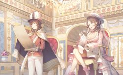 Rule 34 | 1boy, 1girl, aile (crossroads), black tea, breasts, brown hair, candle, candlestand, cape, chair, chandelier, cleavage, copyright request, crossed legs, cup, dress, gloves, gold trim, hat, hat feather, indoors, medium breasts, military, military uniform, official art, pants, pink dress, pink footwear, scroll, see-through, sitting, standing, tea, teacup, uniform, vase, white cape, white gloves, white hat, white pants