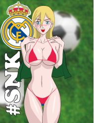 Rule 34 | 1girl, ball, bikini, blonde hair, blue eyes, blush, breasts, highres, large breasts, non-web source, open mouth, real madrid, red bikini, shingeki no kyojin, smile, soccer, soccer ball, solo, survey corps, swimsuit, thong