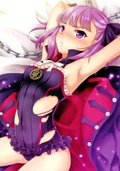 Rule 34 | 1girl, absurdres, armpits, arms behind head, asahi yanagi, bare shoulders, blush, bow, breasts, chain, closed mouth, coat, covered erect nipples, dress, fate/grand order, fate (series), flat chest, frills, hair bow, helena blavatsky (fate), helena blavatsky (third ascension) (fate), highres, leotard, lips, looking at viewer, lying, on back, purple eyes, purple hair, scan, serious, shiny skin, short hair, small breasts, solo, strapless, strapless leotard, sweat, sweatdrop, torn clothes