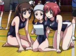 Rule 34 | 10s, 3girls, animated, animated gif, barefoot, basketball court, bouncing breasts, grabbing another&#039;s breast, breast lift, breasts, brown hair, competition swimsuit, grabbing, gym, kakumeiki valvrave, large breasts, lowres, multiple boys, multiple girls, nanami rion, nobi marie, one-piece swimsuit, orange hair, swim cap, swimsuit, twintails, whistle