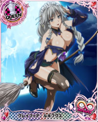 Rule 34 | 10s, 1girl, artist request, black thighhighs, braid, breasts, broom, broom riding, card (medium), character name, chess piece, cleavage, female focus, grayfia lucifuge, grey eyes, grey hair, high heels, high school dxd, high school dxd infinity, large breasts, lipstick, long hair, maid headdress, makeup, matching hair/eyes, moon, official art, queen (chess), red lips, solo, thighhighs, torn clothes, torn thighhighs, trading card, twin braids