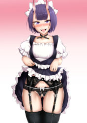 Rule 34 | 1girl, alternate costume, apron, blunt bangs, blush, bob cut, bow, breasts, censored, choker, clothes lift, collarbone, commentary request, cowboy shot, crotchless, crotchless panties, dress, enmaided, eyelashes, eyeliner, fate/grand order, fate (series), frilled dress, frills, garter straps, gradient background, highres, horns, lc 7v2, lifting own clothes, lingerie, looking at viewer, maid, maid apron, maid headdress, makeup, medium hair, oni, open mouth, panties, pink background, puffy short sleeves, puffy sleeves, purple eyes, purple hair, short sleeves, shuten douji (fate), skin-covered horns, skindentation, skirt, skirt lift, small breasts, solo, thighhighs, underwear, white background