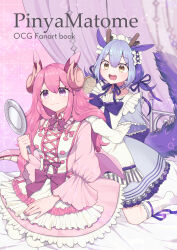 Rule 34 | 2girls, apron, blue hair, breasts, brushing another&#039;s hair, brushing hair, dragon girl, dragon horns, dragon tail, dragon wings, dress, duel monster, fang, hair brush, hair down, hairdressing, hand in another&#039;s hair, hand mirror, highres, holding, holding another&#039;s hair, holding brush, holding hair, holding hair brush, holding mirror, horns, lace-trimmed apron, lace trim, laundry dragonmaid, long hair, long sleeves, looking at mirror, maid, maid apron, medium breasts, mirror, multicolored hair, multiple girls, nurse dragonmaid, open mouth, pink hair, pink horns, pink wings, pinyata (pinyaland), puffy sleeves, short hair, sitting, smile, tail, wa maid, wings, yellow eyes, yu-gi-oh!, yuri