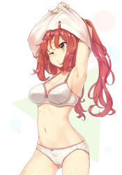Rule 34 | 1girl, armpits, arms up, bra, breasts, brown eyes, cleavage, clothes lift, contrapposto, cowboy shot, gluteal fold, highres, long hair, looking up, medium breasts, navel, original, panties, print bra, print panties, red hair, ruma imaginary, shirt lift, simple background, solo, standing, star (symbol), star print, strap gap, twintails, underwear, undressing, white bra, white panties